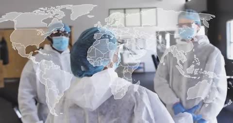 Leading medical response team in PPE with world map overlay for global crisis planning