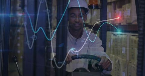 Forklift Operator Navigating Warehouse with Data Technology Overlay