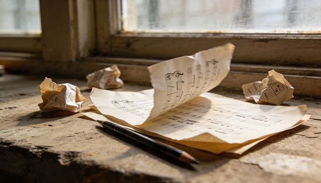 Aged Sheet Music on Sunlit Windowsill with Crumpled Drafts and Pencils