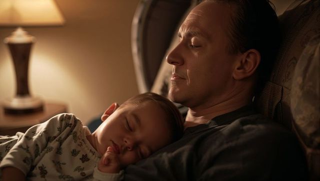 Father cradling sleeping toddler on sofa at night, warm lamp glow, cozy bedtime bonding