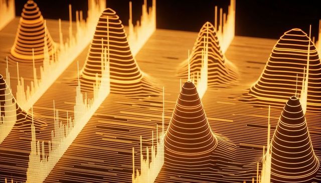 Glowing Data Peaks Rising on Neon Grid with Histogram Spikes and Concentric Rings