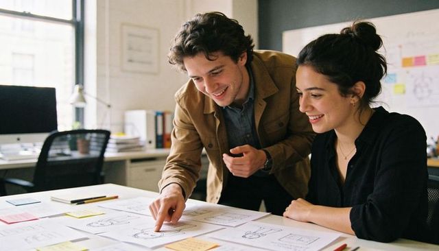 Pointing man and smiling partner reviewing wireframes and notes, collaborating on ux design