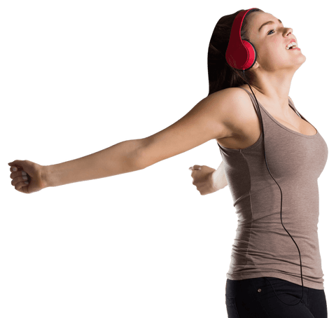 Joyful Teenage Girl Enjoying Music with Headphones Transparent Background