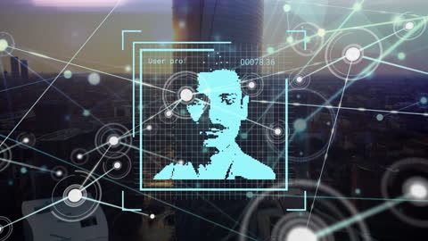 Futuristic Digital Network Hologram Over Cityscape