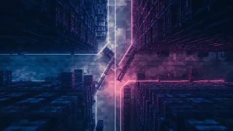 Futuristic Cityscape with Neon Pulsing Divide and Swirling Clouds