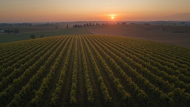 Sunrise Over Symmetrical Vineyard Rows on Rolling Hills Capturing Aerial Panorama