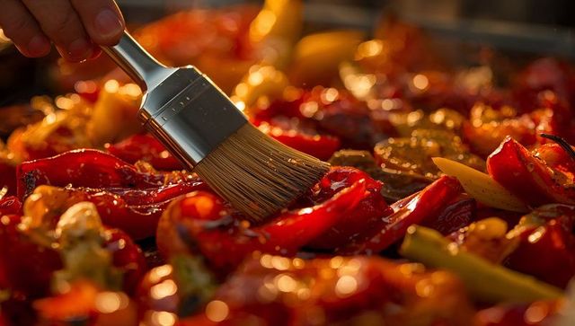 Brushing olive oil glaze onto roasted red peppers closeup basting caramelized peppers