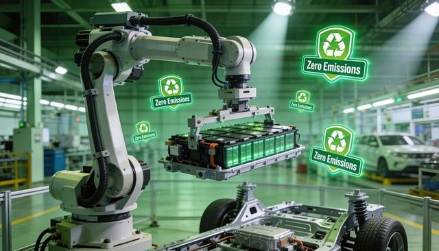 Industrial robot arm lifting EV battery pack over chassis with green zero emissions holograms