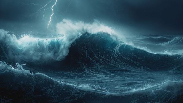 Dramatic Ocean Wave Struck by Lightning during Intense Storm