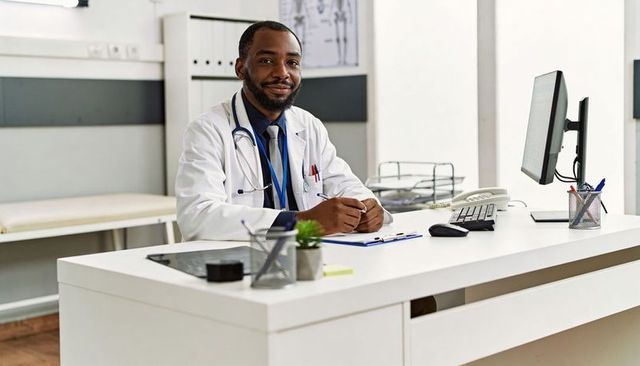 Smiling doctor consulting patient at desk in modern clinic with computer