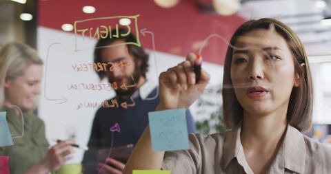 Focused Asian Woman Writing on Glass in Modern Office - Download Free Stock Images Pikwizard.com