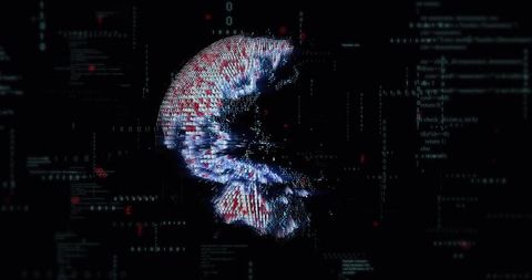 Rotating neon crescent particle cluster visualizing cyber data flow and holographic code