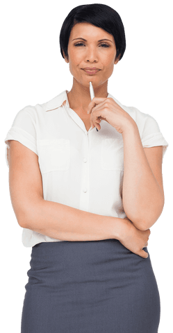 Confident Businesswoman Pondering with Pen Transparent Background