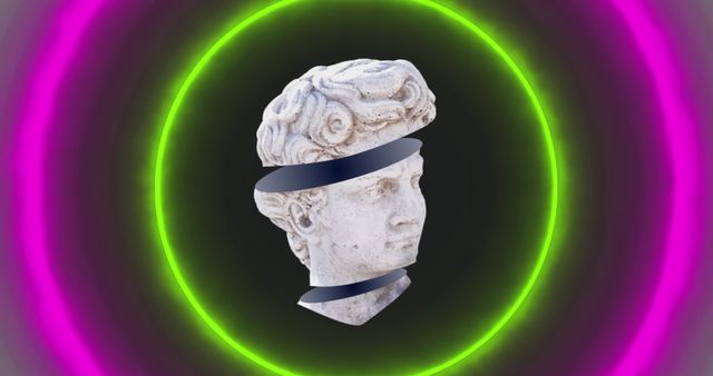 Ancient Statue Head with Neon Circular Effects on Black Background - Download Free Stock Images Pikwizard.com