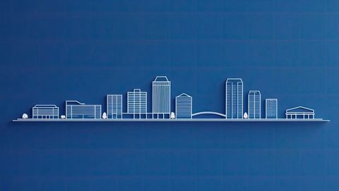 Minimalist white line city skyline on blue grid background, knoxville concept