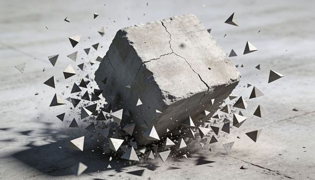 Cracking Concrete Cube Sending Triangular Shards and Dust Plume Over Paved Ground