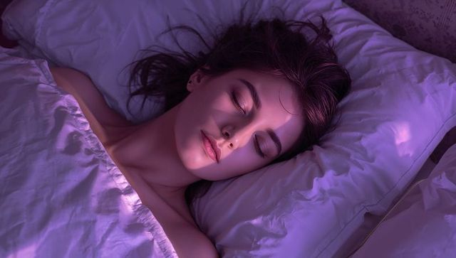Young woman sleeping peacefully under white duvet with soft purple-pink bedroom lighting