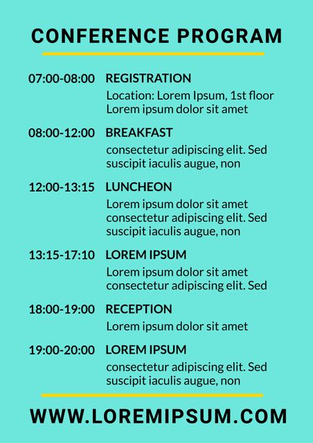 This versatile template provides a clear program schedule for a professional conference, detailing registration, meal times, and various sessions throughout the day. Perfect for planners of business, academic, or educational events, it ensures participants can easily follow the conference itinerary. Use it for crafting organized and visually appealing agendas for meetings and events.