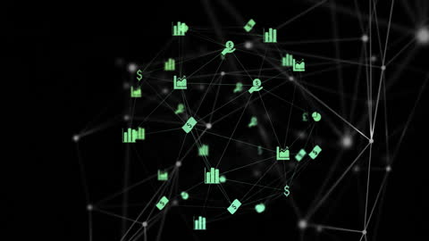 Futuristic Digital Network with Business Icons on Black Background