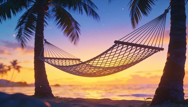 Swaying hammock between palm trees at golden tropical beach sunset over calm ocean waves