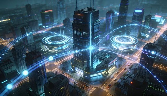 Futuristic smart city network with glowing central tower and neon data arcs at night