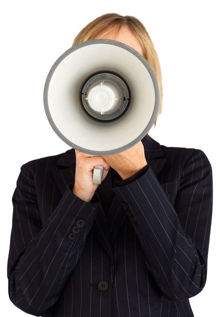 Businesswoman Wearing Suit Using Transparent Megaphone for Announcements - Download Free Stock Videos Pikwizard.com