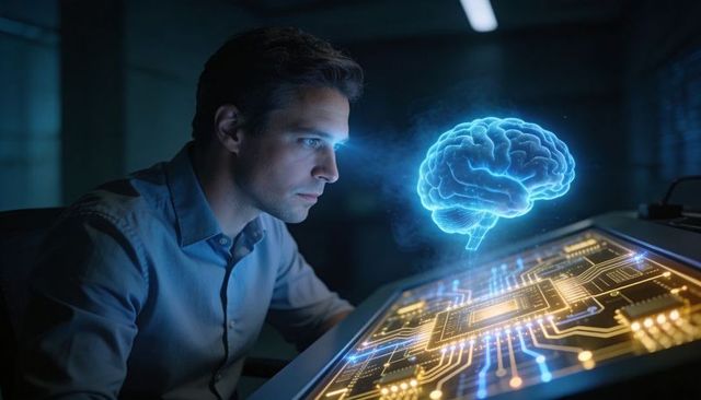 Researcher studying holographic brain over illuminated circuit touchscreen for AI research