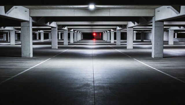 Leading Central Aisle Drawing Eye to Distant Red Light in Empty Underground Parking Garage