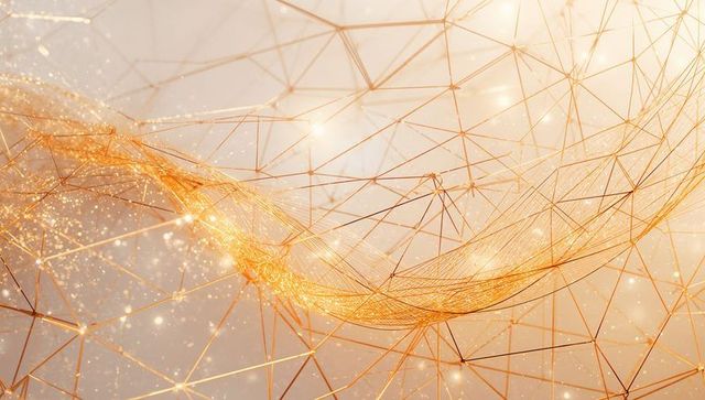 Golden Mesh Wave Flowing Across Wireframe Network with Glowing Nodes and Particles