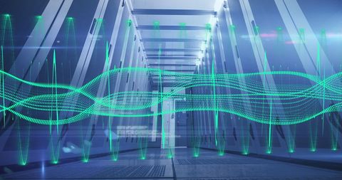 Futuristic Server Room with Digital Wave Overlay - Download Free Stock Images Pikwizard.com