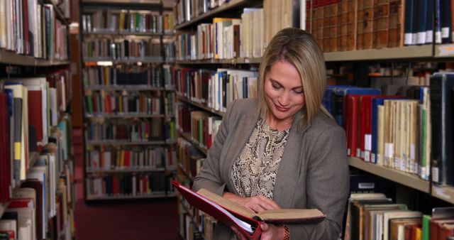 Woman Reading Book in Quiet Library Aisle - Download Free Stock Images Pikwizard.com