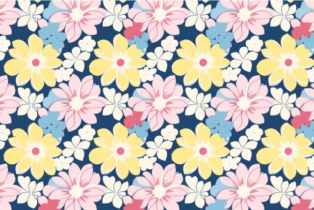 Multi coloured flowers on blue background, created using generative ai technology. Flowers, nature, pattern, colours and background concept digitally generated image.