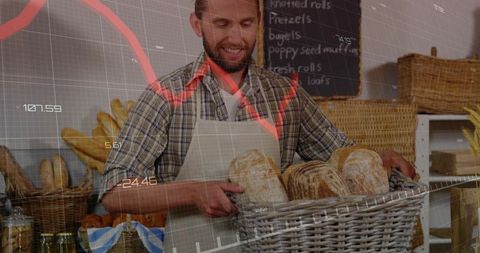 Artisanal baker arranging bread with market graph overlay