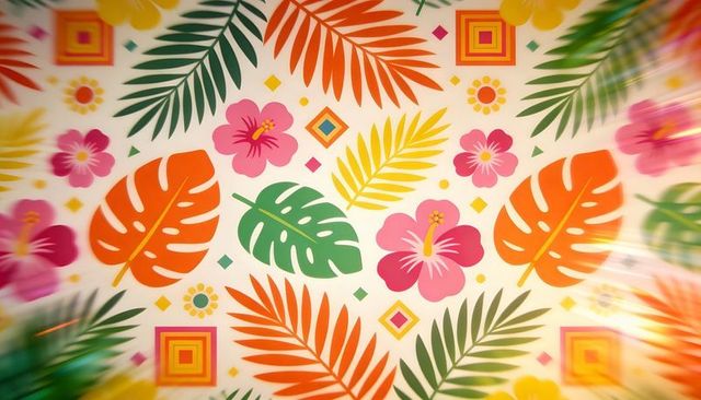 Vibrant tropical seamless pattern featuring monstera, palm fronds and hibiscus on cream