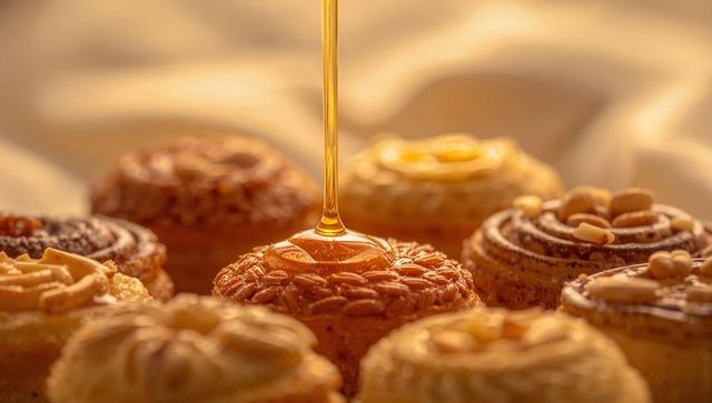 Drizzling honey over seeded swirl pastry closeup with warm golden bokeh and glaze
