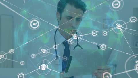 Doctor Using Tablet with Global Digital Network Overlay