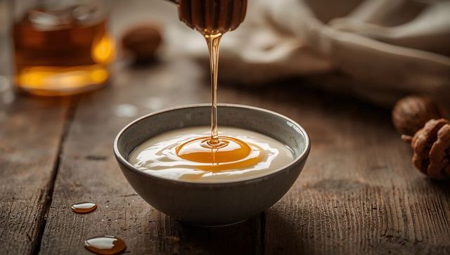 Rustic breakfast: drizzling honey over creamy yogurt in ceramic bowl with walnuts