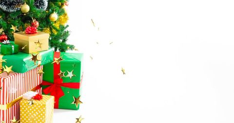 Festive Christmas Tree and Gift Boxes with Floating Stars on White Background - Download Free Stock Images Pikwizard.com