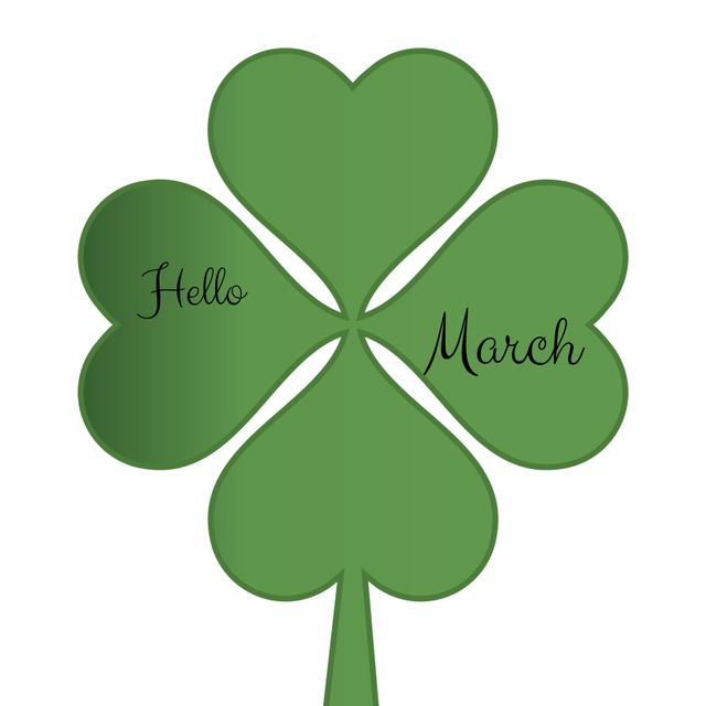 Design featuring 'Hello March' written on a four-leaf clover to celebrate the arrival of spring. Symbolizes luck and new beginnings, ideal for use in greeting cards, seasonal promotions, social media posts welcoming March, St. Patrick's Day decorations, and spring-themed decorations.