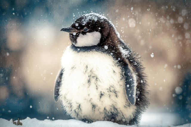 An adorable baby penguin standing on snowy terrain with snowflakes falling around it. The fluffy chick, with its soft fur and innocent look, illustrates the beauty of wildlife and nature. Ideal for illustrating themes of winter, wildlife, arctic life, and nature's beauty. Can be used for educational materials, wildlife documentaries, nature blogs, and greeting cards.