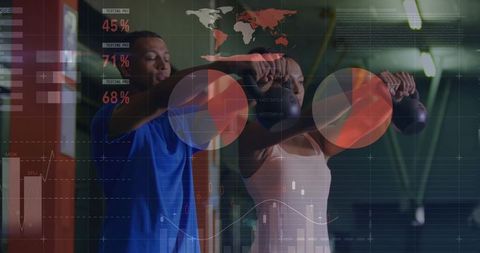 Duo swinging kettlebells together in gym with digital fitness analytics overlay
