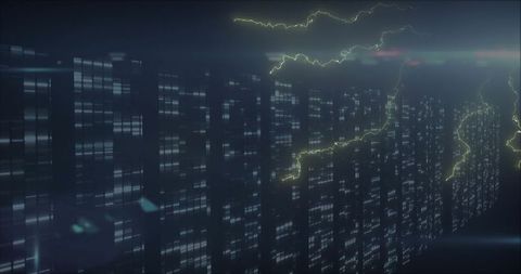 Cyberpunk Style Datacenter with Yellow-Green Energy Arcs