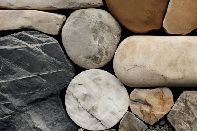 In this image, various rocks with different shapes, colors, and textures are closely arranged. These stones range from smooth, round pebbles to coarser, irregular pieces. This image can be used for backgrounds, presentations on geology, decorative purposes, or educational materials about natural formations.