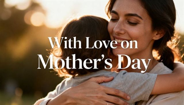 Mother embracing toddler at golden hour with mother's day message, warm backlit hug