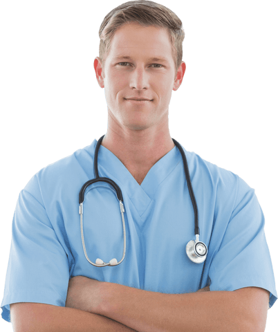 Smiling Doctor in Blue Scrubs with Stethoscope Transparent Background
