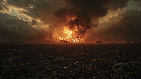 Massive airstrikes fireball erupting from abandoned industrial plant amidst destruction