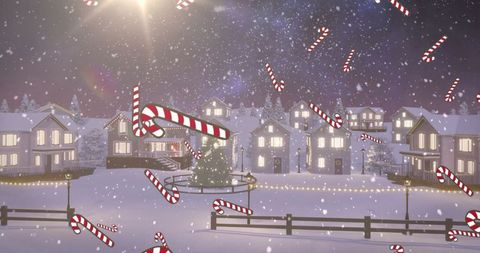 Enchanting Christmas Village Under Snowy Skies with Floating Candy Canes