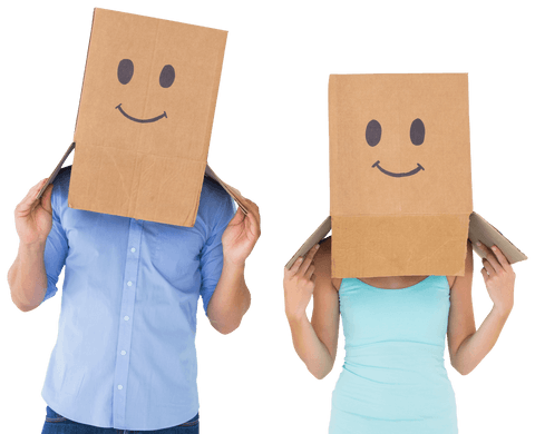 couple wearing transparent smiley face box masks, quirky costume concept - Download Free Stock Videos Pikwizard.com