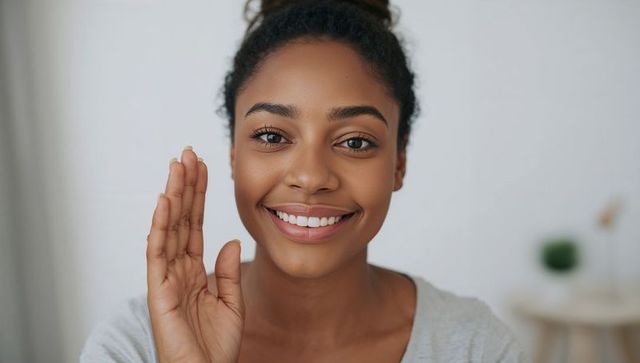 Smiling woman raising hand in friendly headshot wearing light gray top and natural makeup
