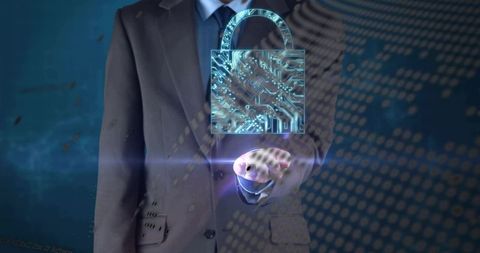 Mid-adult man projecting holographic padlock above palm in blue cyber security concept